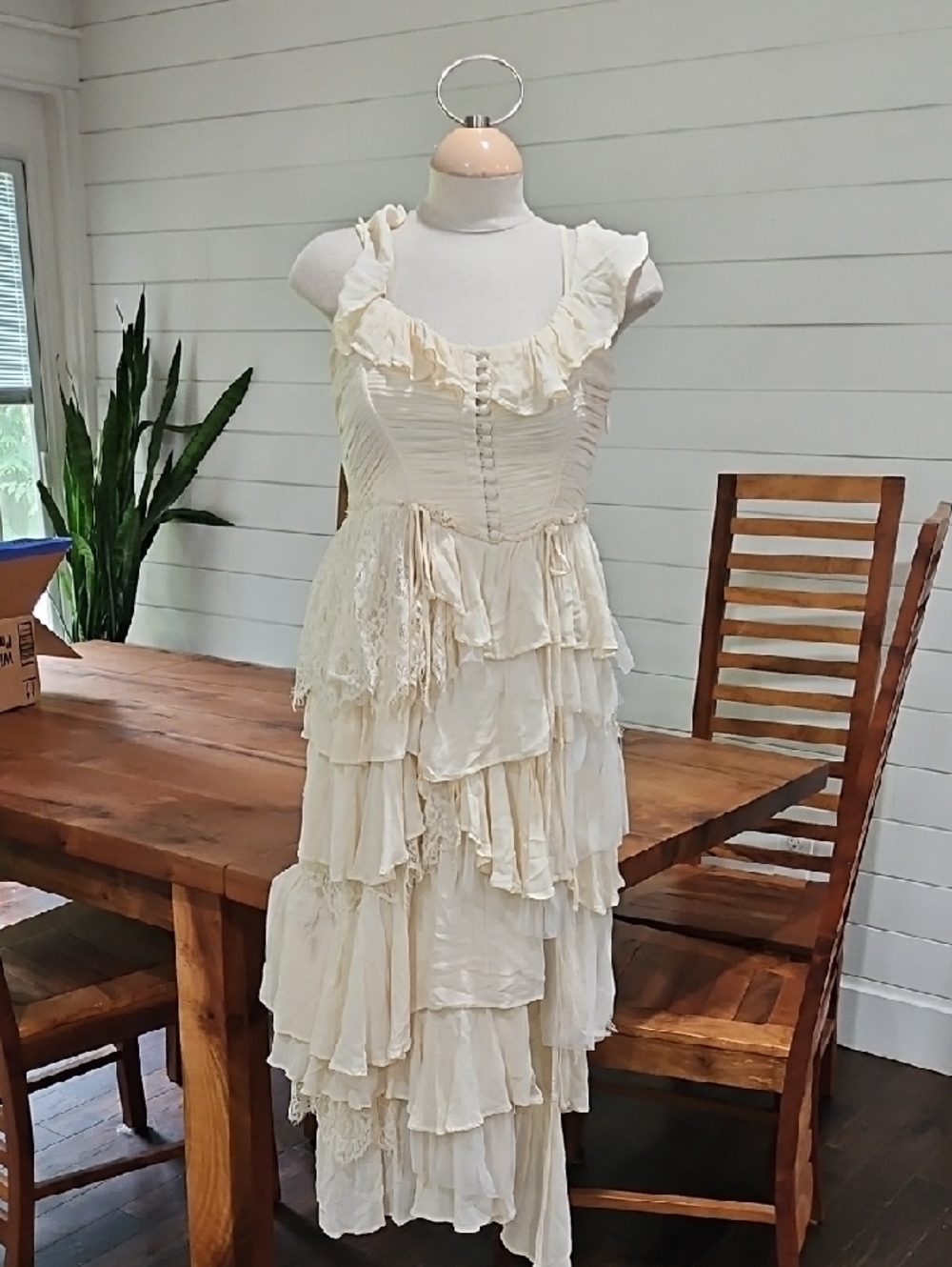 Anthropologie Cream Ruffle Tiered Maxi Dress Sz Small. Euc - Picture 2 of 7